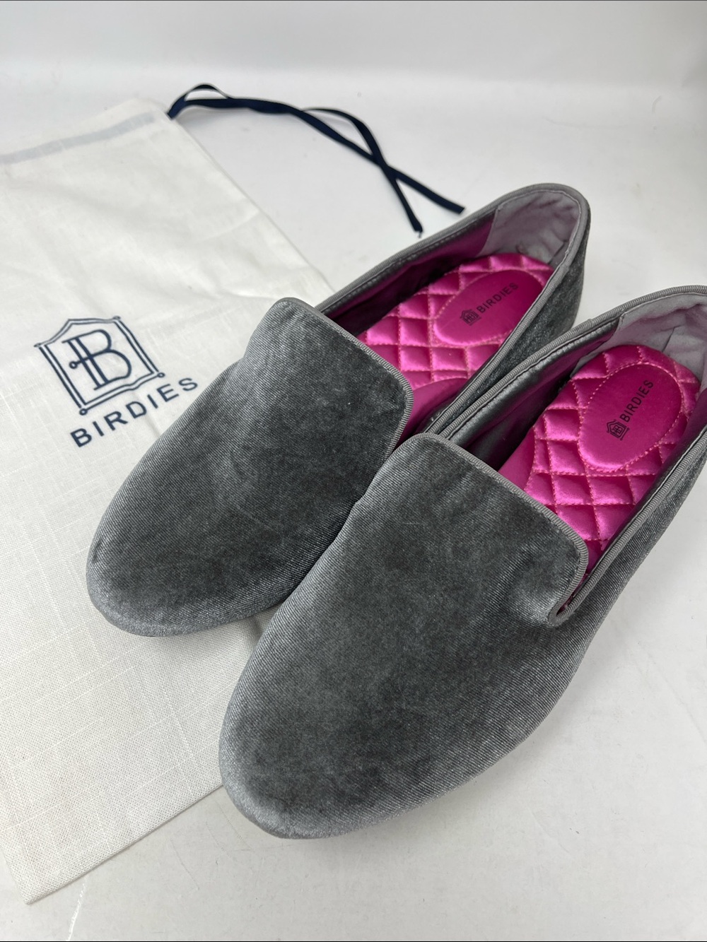 BIRDIES THE STARLING VELVET SLIP ON GRAY LOAFER FLATS W/ DUST BAG SZ 9